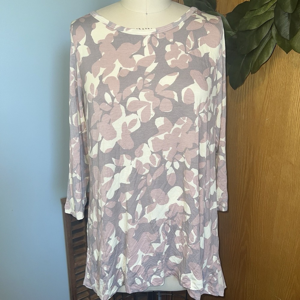 Casual Floral Tunic Top Women's 3/4 Sleeve Layered Ruffle Hem Pink Gray